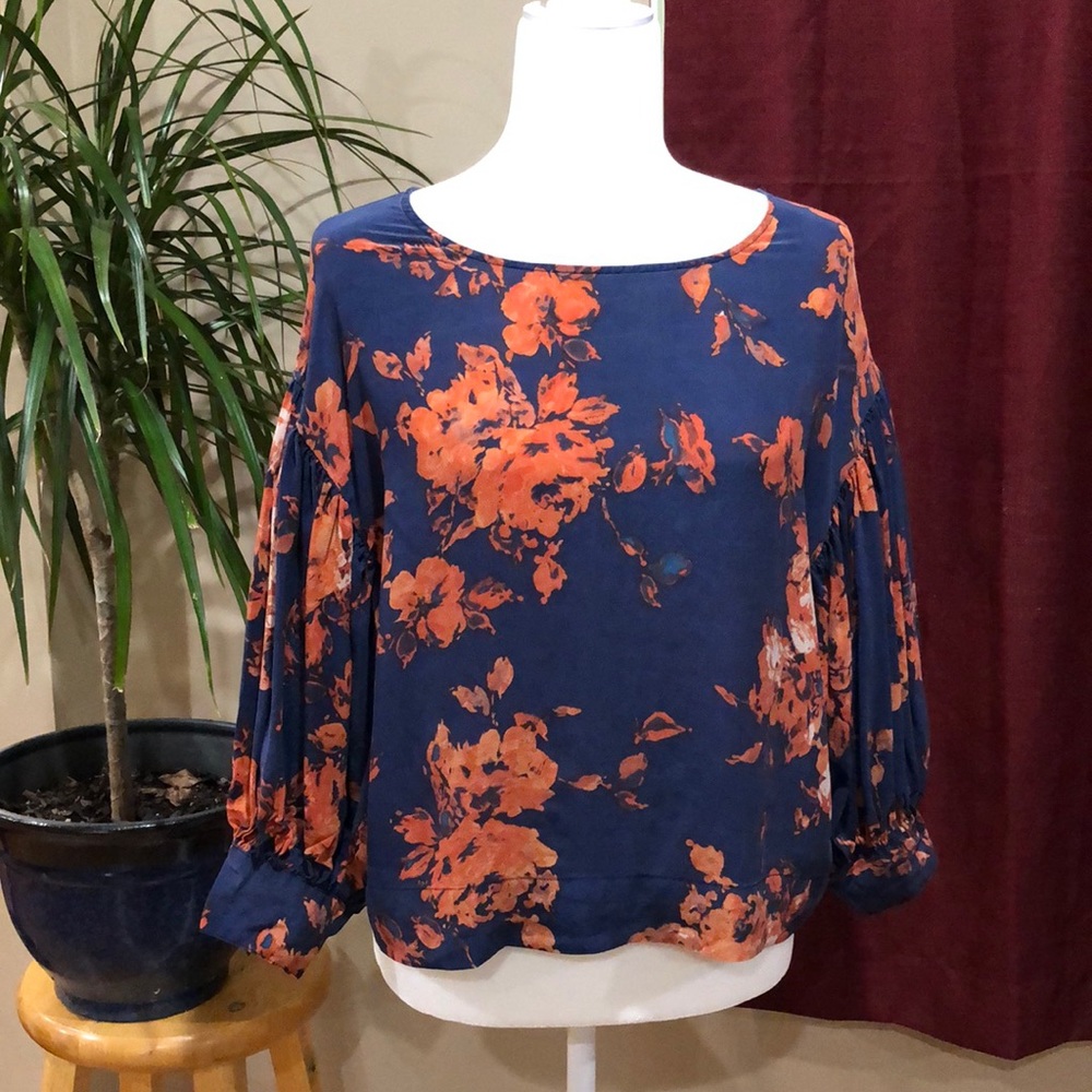 Navy Floral Blouse with Orange Floral Print